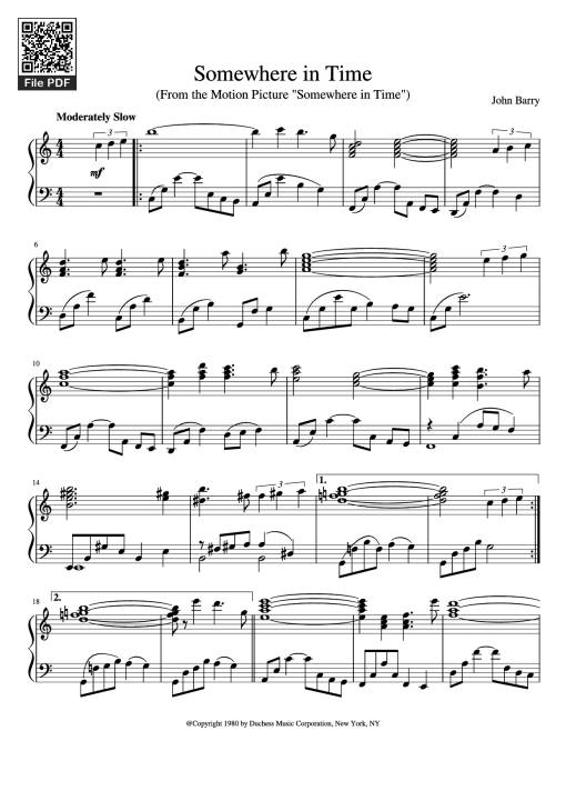 Sheet PDF of Somewhere in Time Piano