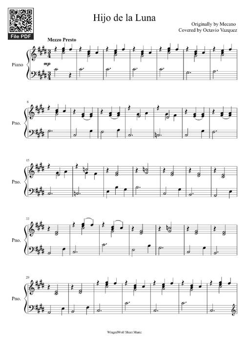 Sheet PDF of Hijo de la Luna Piano