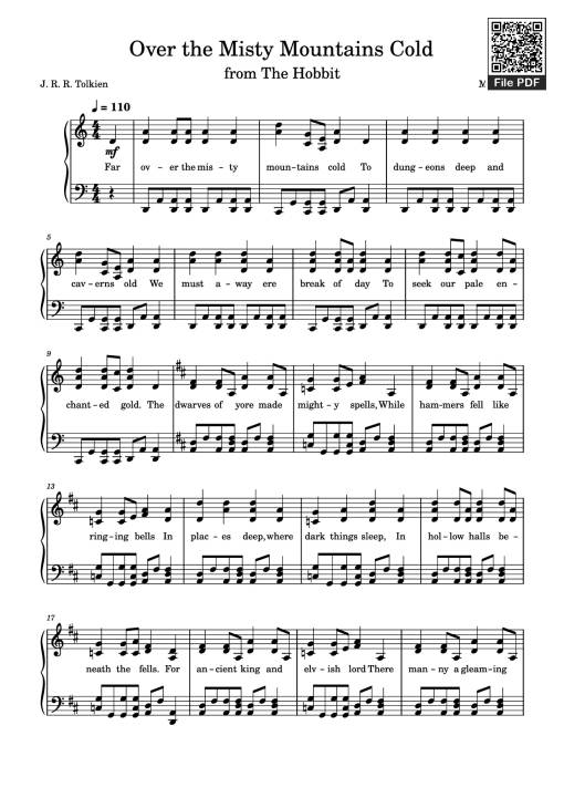 Sheet PDF of Over the Misty Mountains Cold Piano