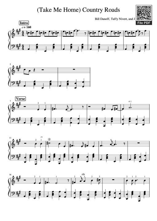 Sheet PDF of Take Me Home, Country Roads Piano