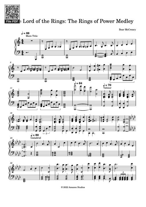 Sheet PDF of The Lord of the Rings: The Rings of Power Medley Piano