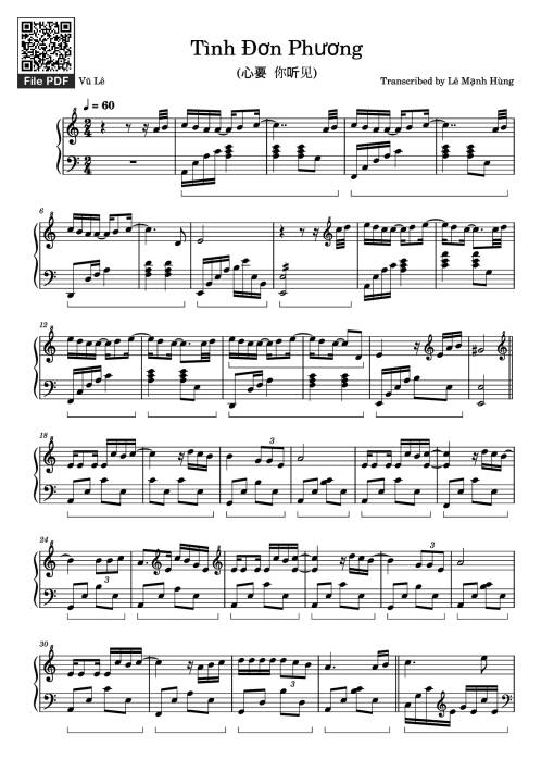 Sheet PDF of 心要让你听见 (Tình Đơn Phương) Piano