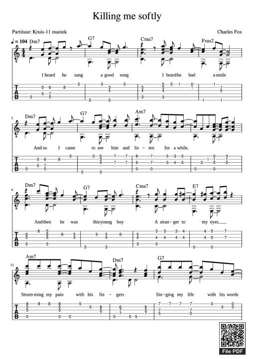 Sheet PDF of Killing me softly Guitar TAB