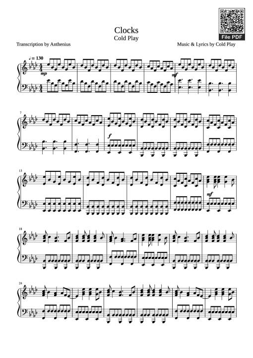Sheet PDF of Clocks Cold Play Transcription by Anthenius Music & Lyrics by Cold Play Piano