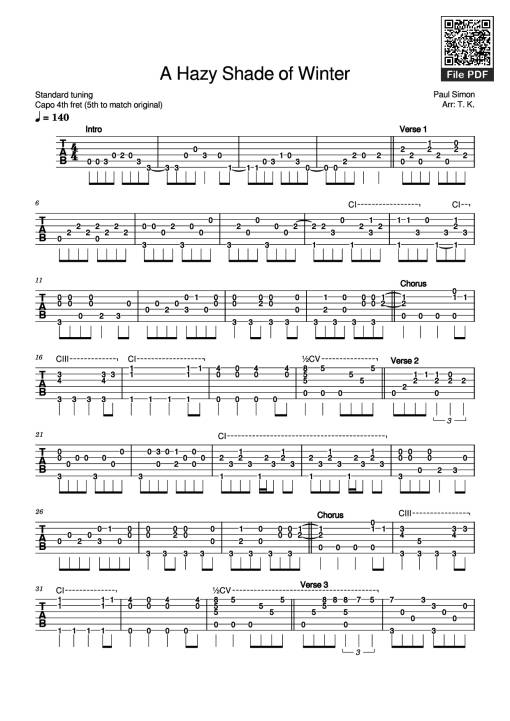 A Hazy Shade of Winter Guitar TAB