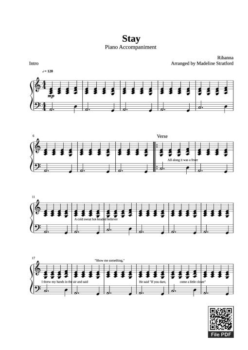 Sheet PDF of Stay Piano - Rihanna Arranged By Madeline Stratford