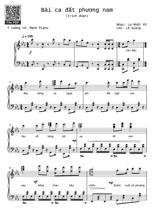 Sheet PDF of Bài ca đất phương nam Piano