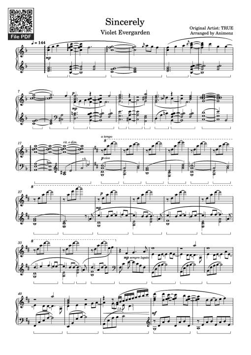 Sincerely Piano - Original Artist: TRUE