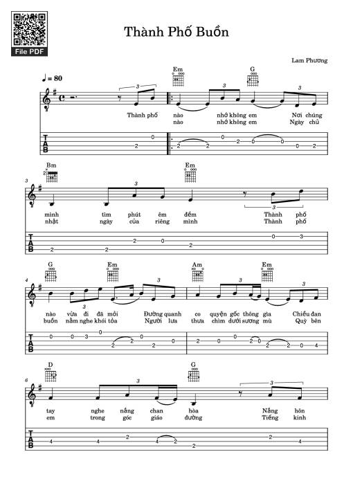 Sheet PDF of Thành Phố Buồn Guitar TAB