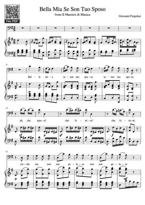 Sheet PDF of Bella Mia Se Son Tuo Sposo Piano