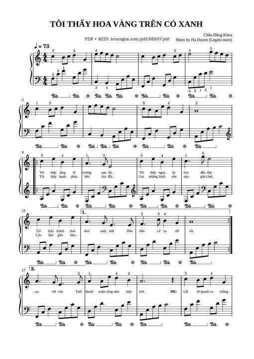 Sheet PDF of Tôi thấy hoa vàng trên cỏ xanh Piano