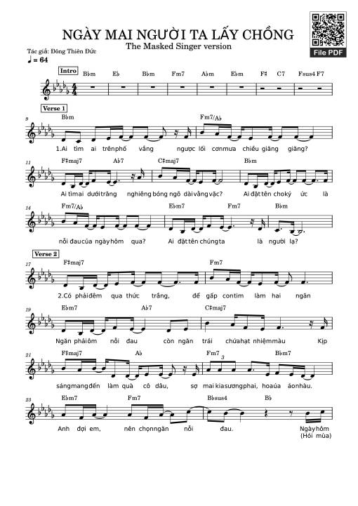 Sheet PDF of Ngày mai người ta lấy chồng (Bản Ca sĩ giấu mặt)