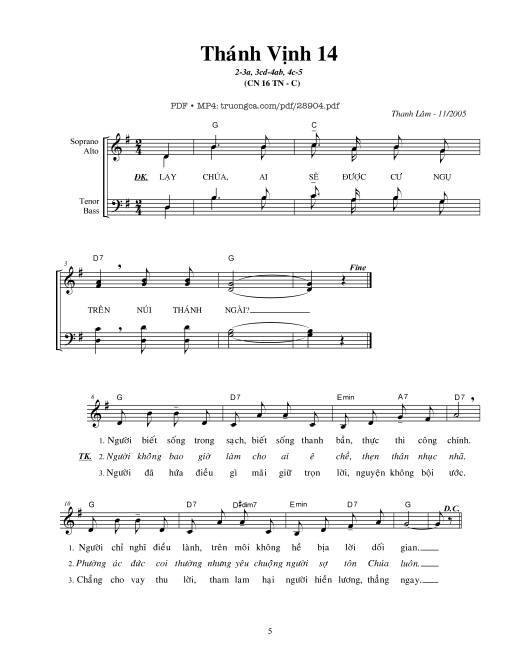 Sheet PDF of Thánh Vịnh 14, Chúa Nhật 16C Thường Niên