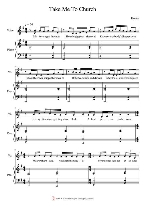 Sheet PDF of Take Me To Church Piano