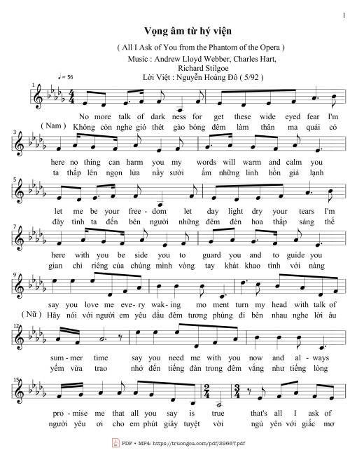 Sheet PDF of Vọng âm từ Hý viện (All I ask of you - The phantom of the opera)