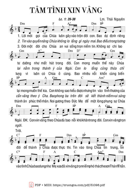 Sheet PDF of Tâm tình xin vâng (Lc. 1: 26-38)
