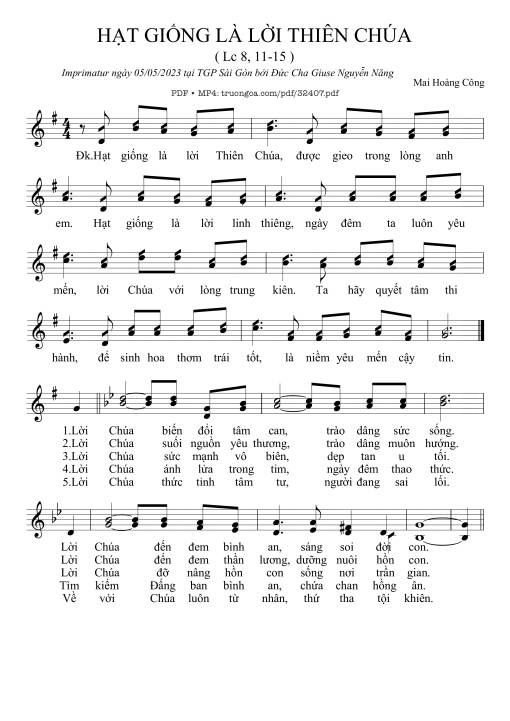 Sheet PDF of Hạt Giống Là Lời Thiên Chúa