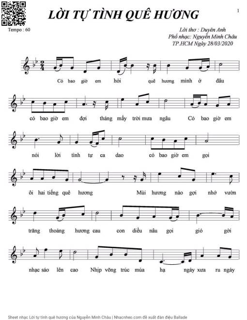 Sheet PDF of Lời tự tình quê hương