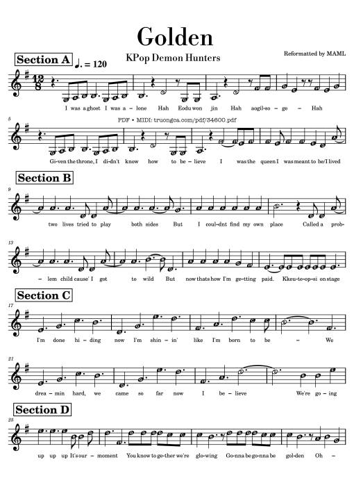 Sheet PDF of Golden KPop Demon Hunters Melody Piano
