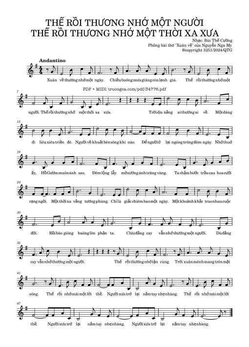 Sheet PDF of Thế rồi thương nhớ một người, thế rồi thương nhớ một thời xa xưa