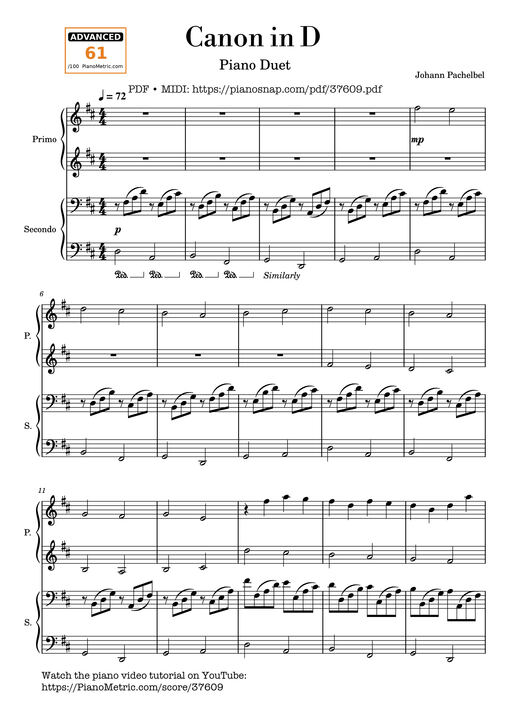 Canon in D, Piano Duet, 4 Hands