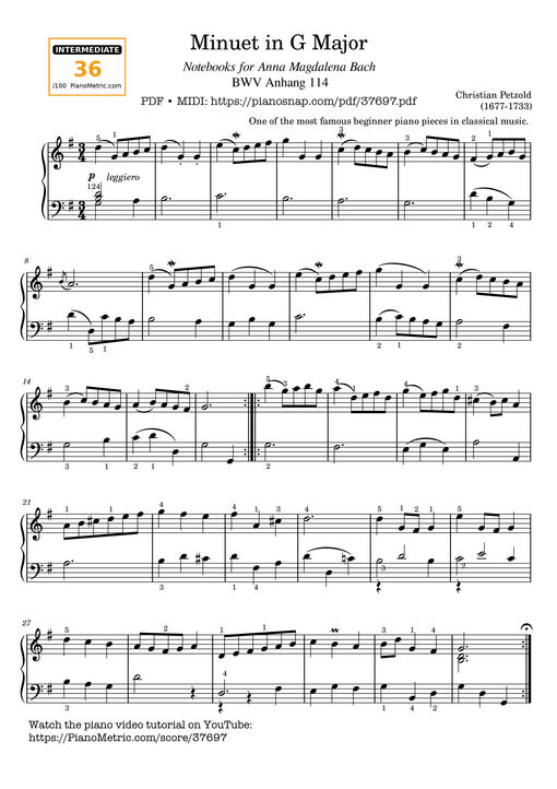 Minuet BWV Anhang 114 in G Major (Fingerings)