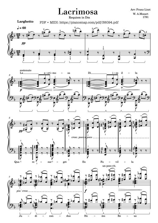 Mozart Lacrimosa, Piano solo [arr. Liszt]