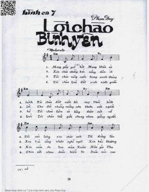 Sheet PDF of Bình ca 7 (Lời chào bình yên)