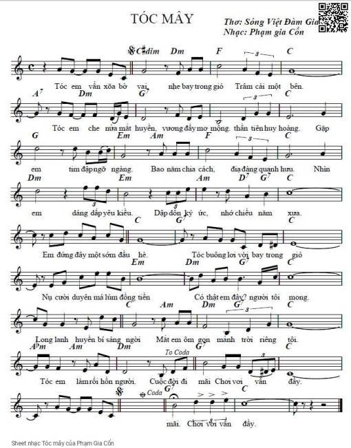 Sheet PDF of Tóc mây - Phạm Gia Cổn
