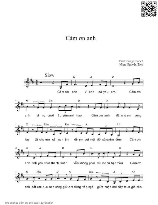 Sheet PDF of Cám ơn anh - Nguyên Bích