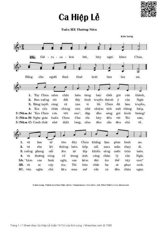 Sheet PDF of Ca Hiệp Lễ Chúa Nhật 19 thường niên