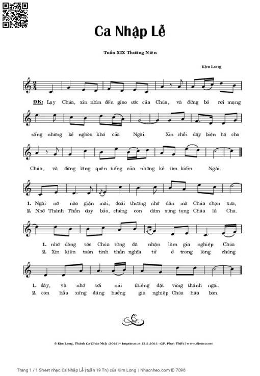Sheet PDF of Ca Nhập Lễ Chúa Nhật 19 thường niên