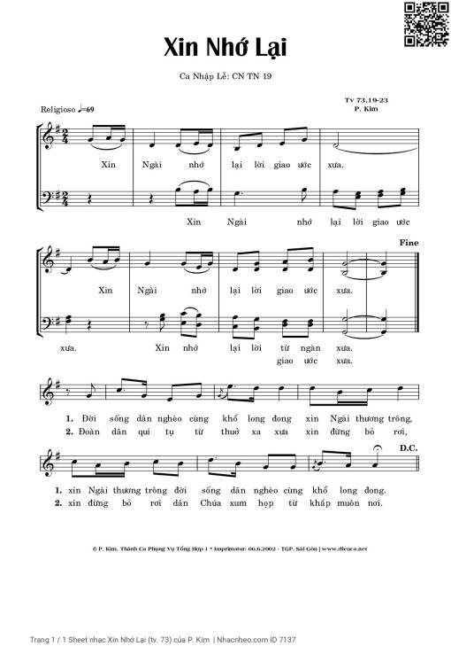 Sheet PDF of Xin Nhớ Lại (Thánh vịnh 73)