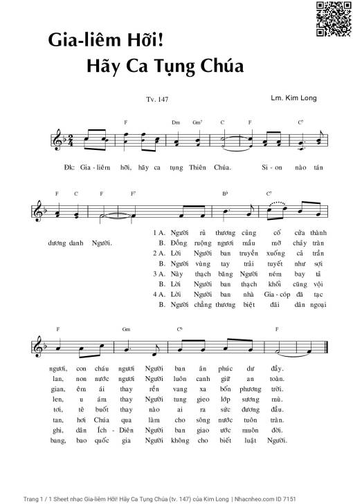 Sheet PDF of Gia-liêm Hỡi! Hãy Ca Tụng Chúa (Thánh vịnh 147)