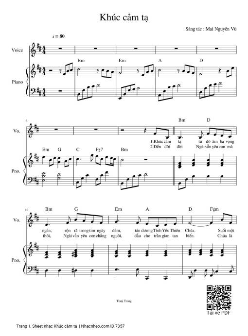 Sheet PDF of Khúc cảm tạ Piano đệm hát
