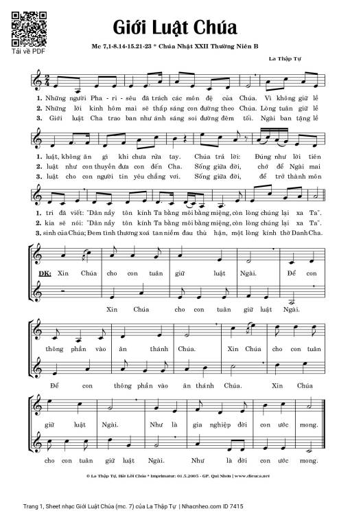 Sheet PDF of Giới Luật Chúa (mc. 7)