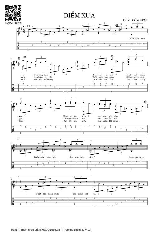 Sheet PDF of Diễm xưa Guitar Solo