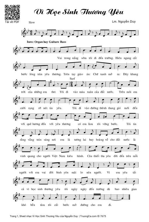 Sheet PDF of Vì Học Sinh Thương Yêu