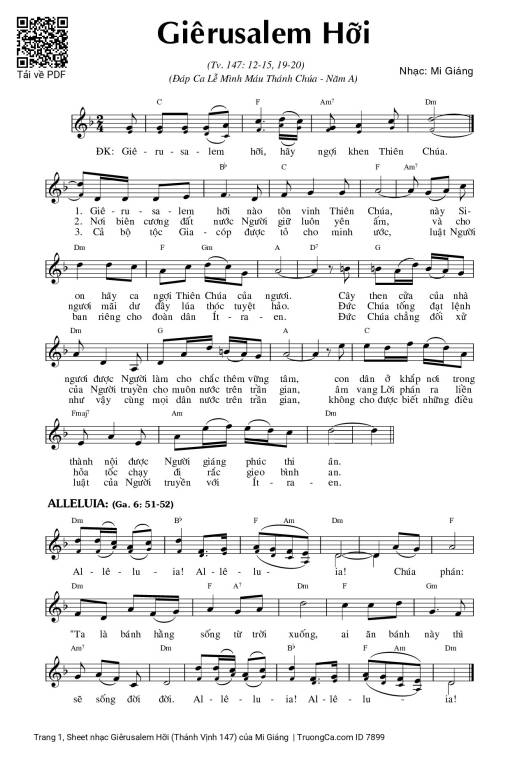 Sheet PDF of Giêrusalem Hỡi (Thánh Vịnh 147)