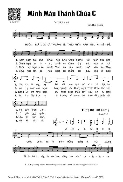 Sheet PDF of Mình Máu Thánh Chúa C (Thánh Vịnh 109)