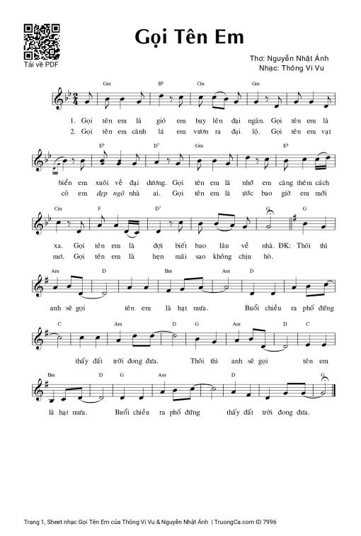 Sheet PDF of Gọi Tên Em - Thông Vi Vu & Nguyễn Nhật Ánh