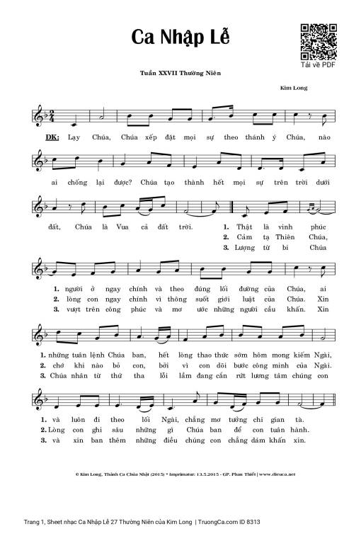 Sheet PDF of Ca Nhập Lễ 27 Thường Niên