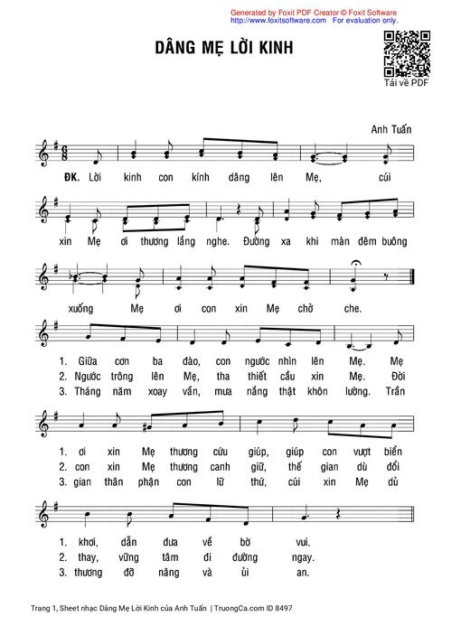 Sheet PDF of Dâng Mẹ Lời Kinh