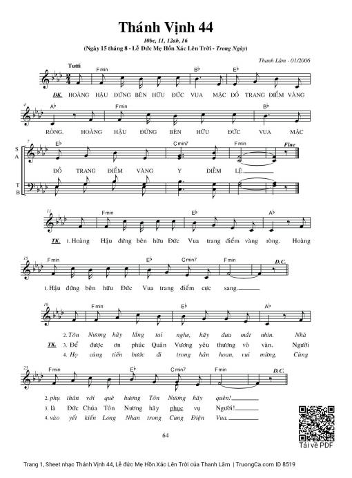 Sheet PDF of Thánh Vịnh 44, Lễ đức Mẹ Hồn Xác Lên Trời