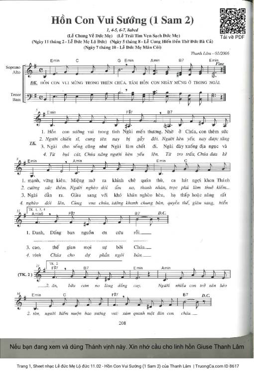 Sheet PDF of Lễ đức Mẹ Lộ đức 11.02 - Hồn Con Vui Sướng (1 Sam 2)