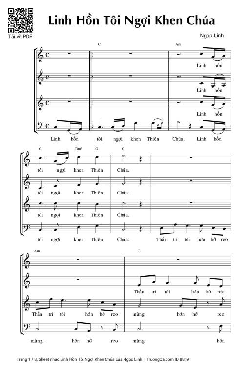 Sheet PDF of Linh Hồn Tôi Ngợi Khen Chúa (4 bè)