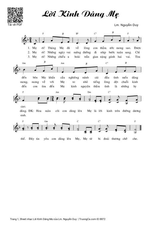 Sheet PDF of Lời Kinh Dâng Mẹ