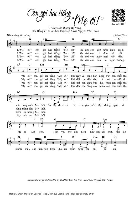 Sheet PDF of Con Gọi Hai Tiếng Mẹ ơi