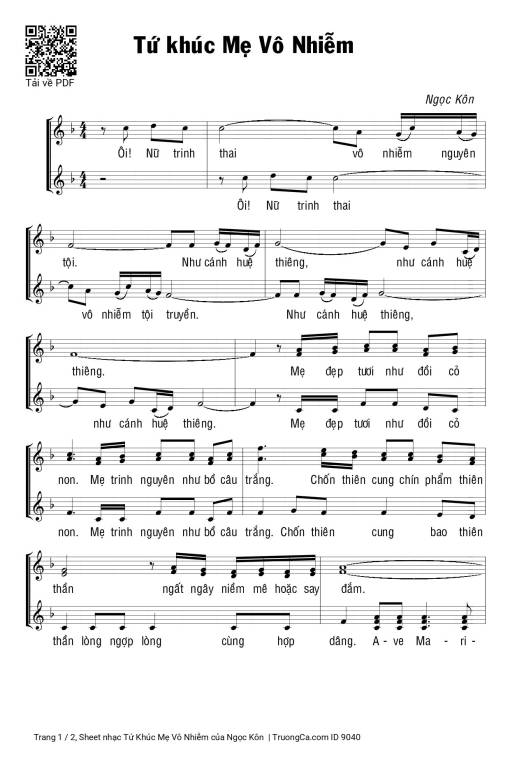 Sheet PDF of Tứ Khúc Mẹ Vô Nhiễm