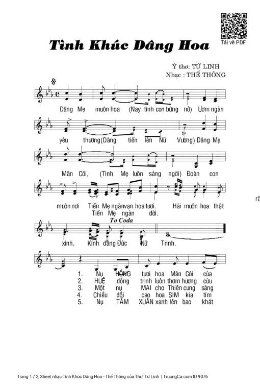Sheet PDF of Tình Khúc Dâng Hoa - Thế Thông